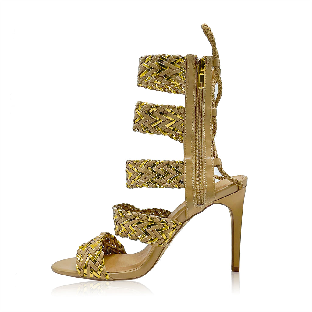 Braided tan and gold design with an elastic back design