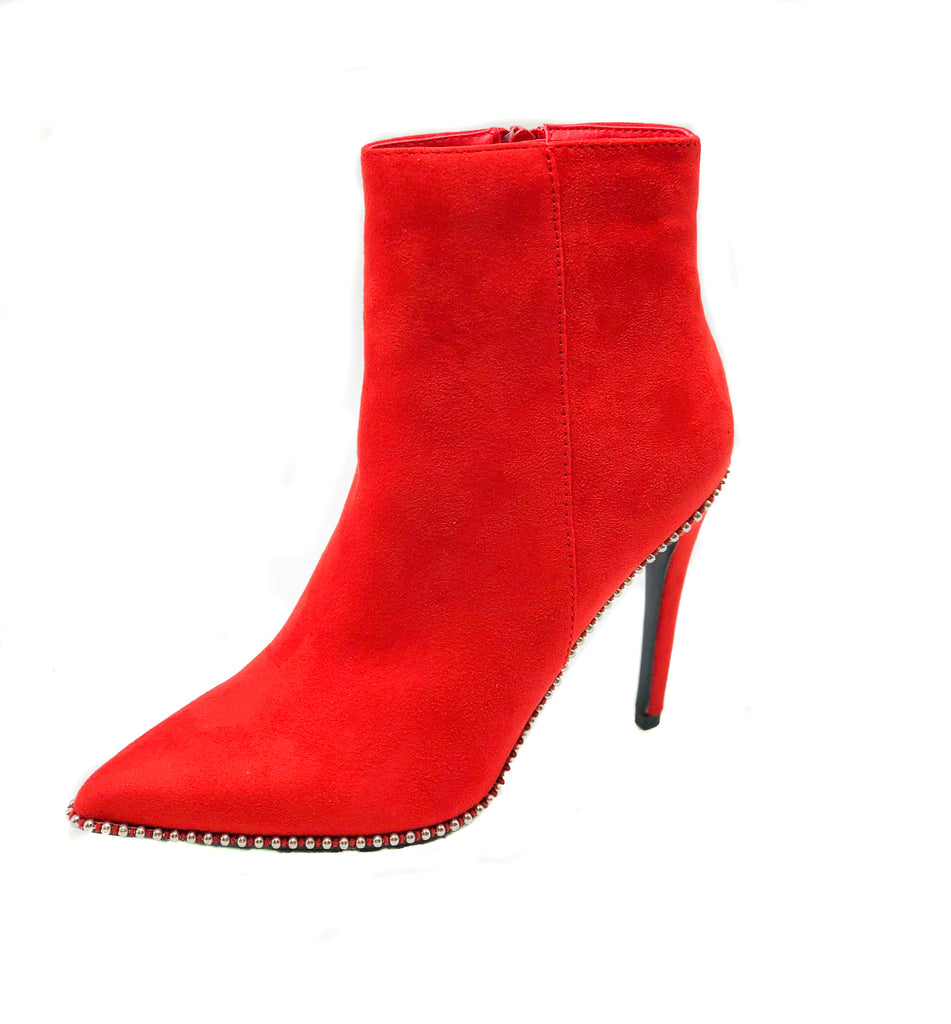 Super chic, bright red booties, faux suede material with a point toe design with stylishly adorned silver