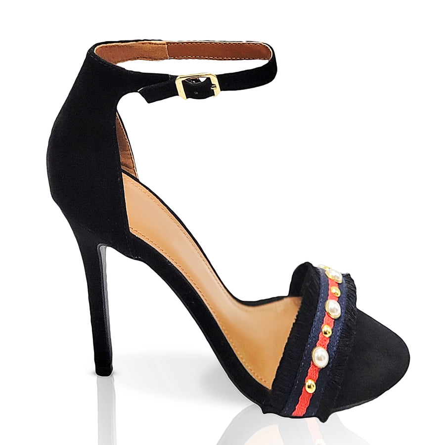 Black open toe heel with frayed fringes edges along with a stylish red & navy foot trim accented with off white pearls.