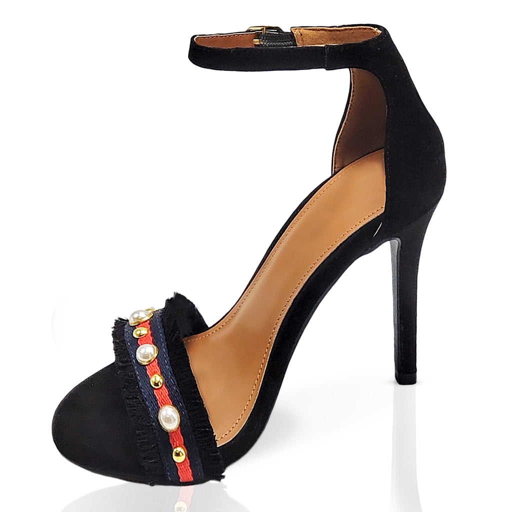Black open toe heel with frayed fringes edges along with a stylish red & navy foot trim accented with off white pearls.