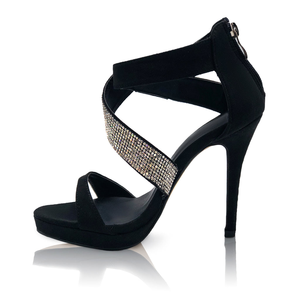 Black velvet cross front design with side bling trim will cause them to stop and stare.