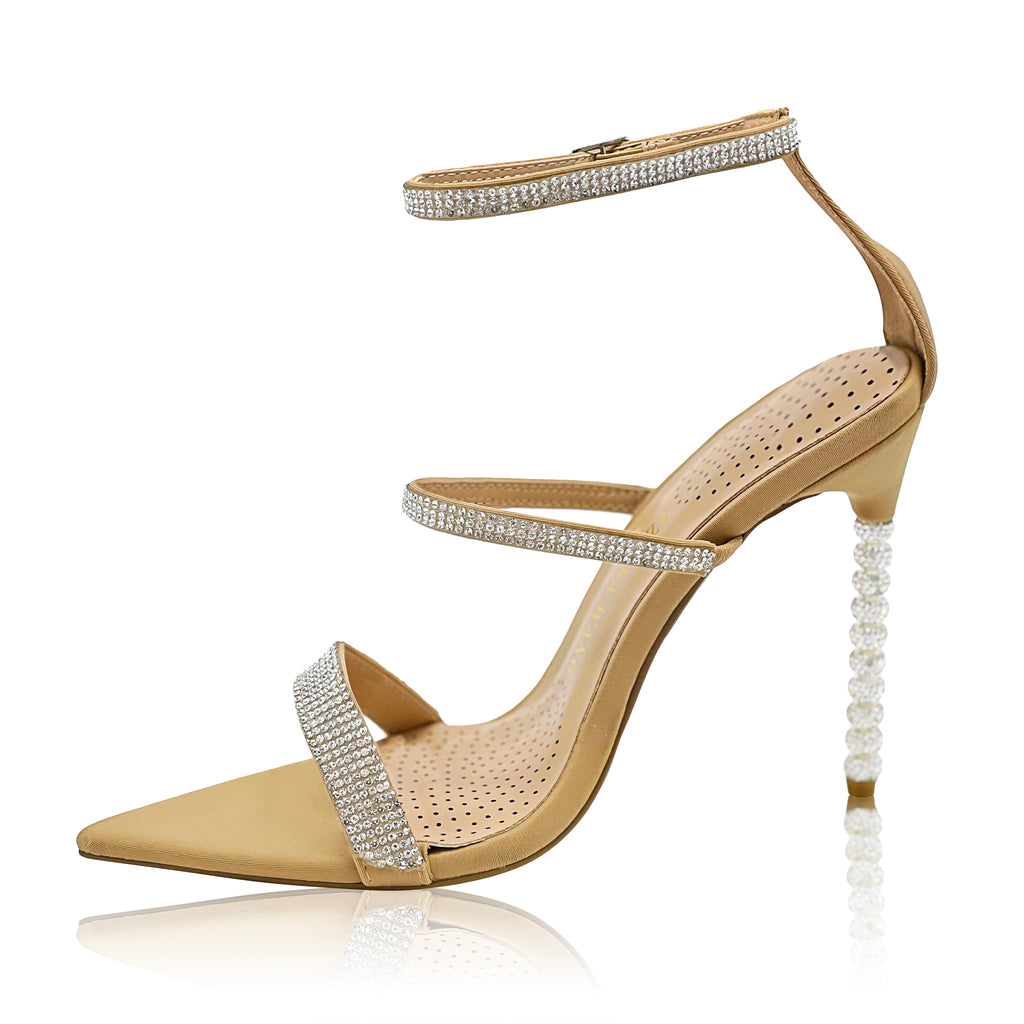 Open foot design with rhinestone ankle strap along with rhinestone foot straps.