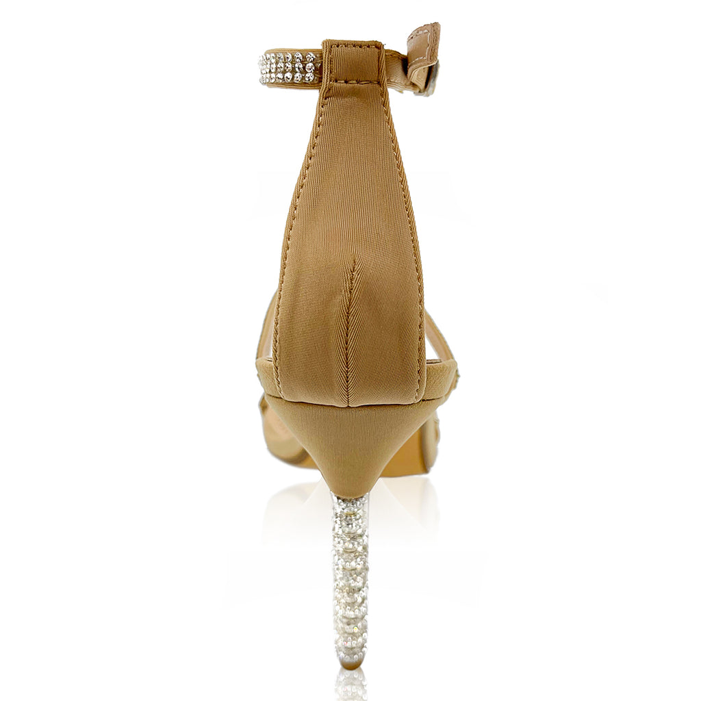 Open foot design with rhinestone ankle strap along with rhinestone foot straps.