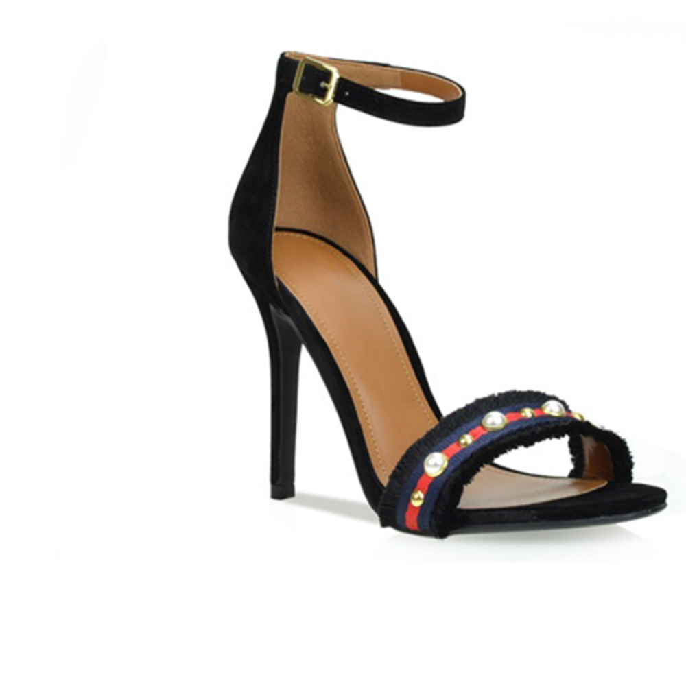 Black open toe heel with frayed fringes edges along with a stylish red & navy foot trim accented with off white pearls.