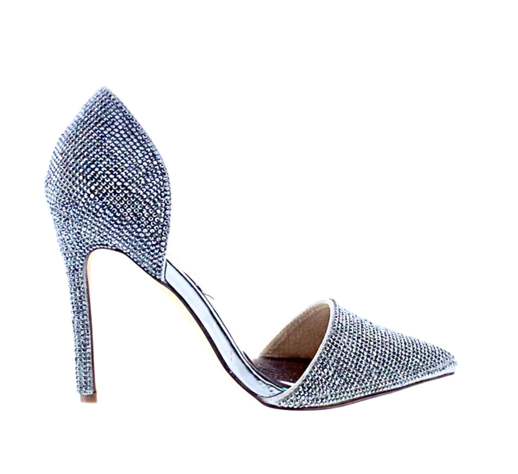 Silver rhinestone covered point toe heel with with exposed side foot design.