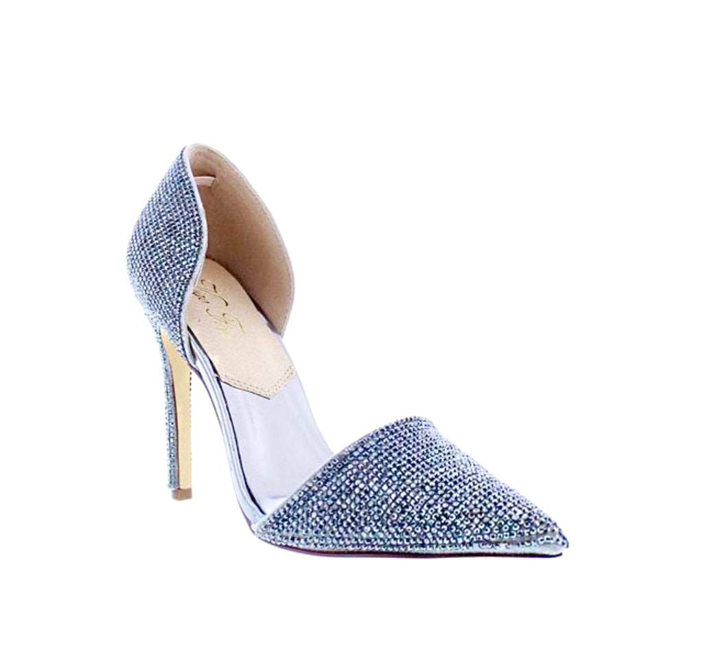 Silver rhinestone covered point toe heel with with exposed side foot design.